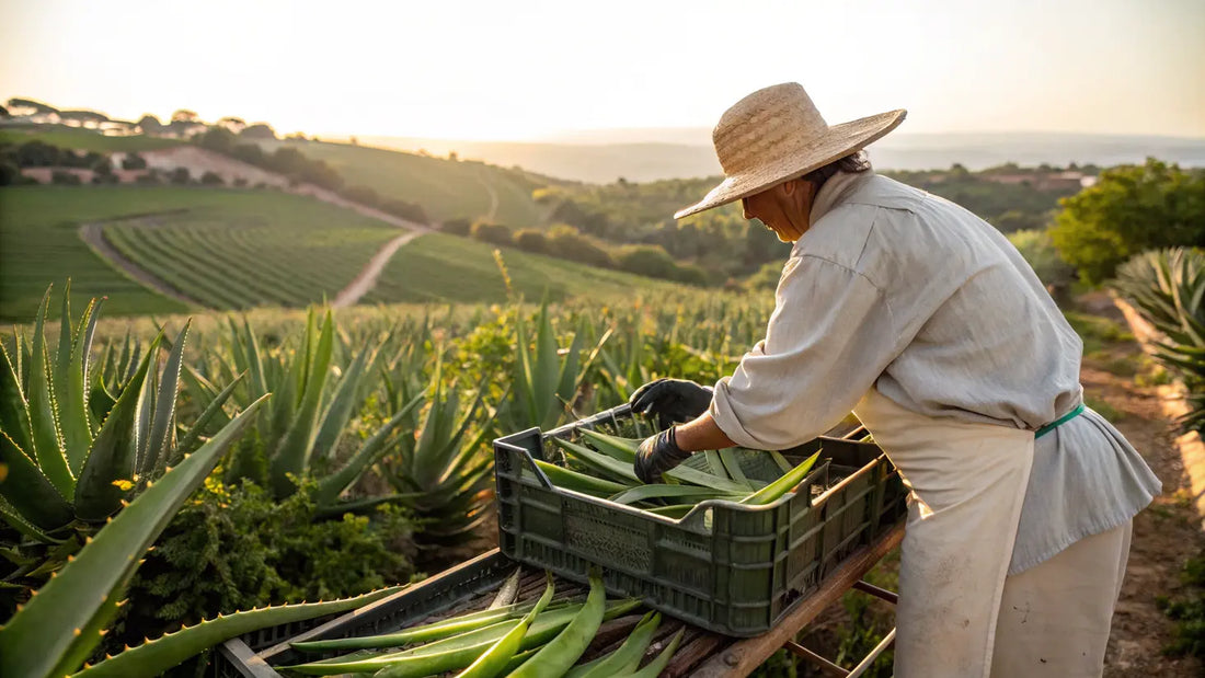 Alt text en español para la imagen:
Gel orgánico de aloe vera portugués, frasco verde natural sobre hojas frescas de plantas de aloe