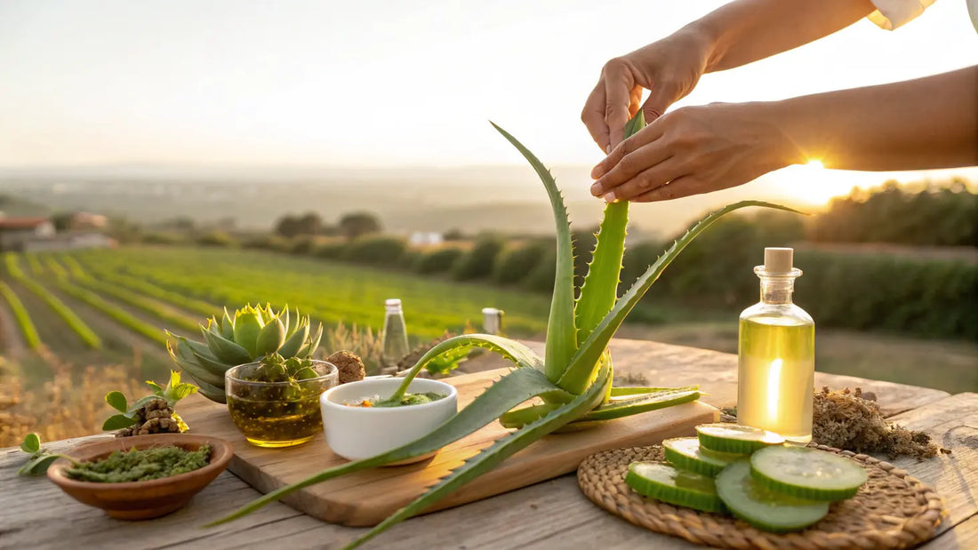 Here's an SEO-optimized alt text for the image:
Organic Aloe Vera Skincare: European Natural Botanical Wellness Journey Through Time