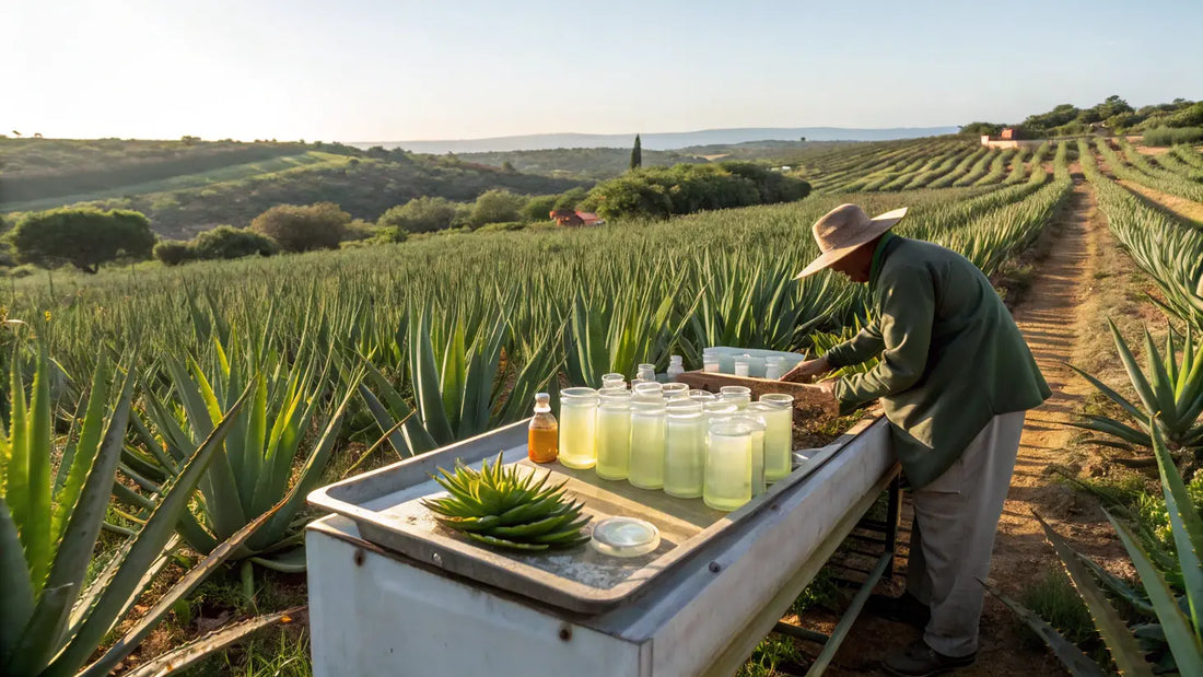 Alt text en español para la imagen de Aloe Vera del Algarve:
Aloe Vera orgánico del Algarve, plantas verdes frescas en cultivo sostenible europeo de cosmética natural