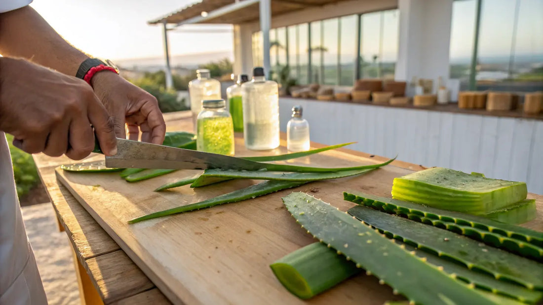 Alt text en español para la imagen:
Frasco de gel de aloe vera orgánico europeo junto a hojas verdes frescas de aloe vera natural