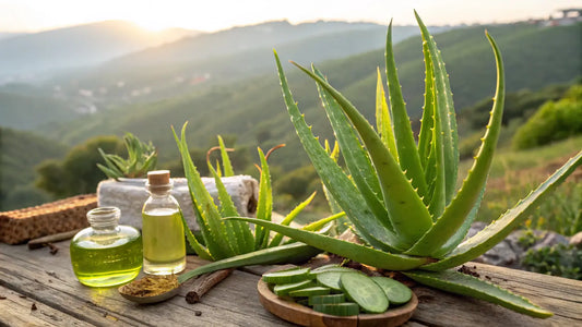 Alt text en español:

Plantación orgánica de aloe vera en Europa, cosméticos naturales veganos para cuidado facial
