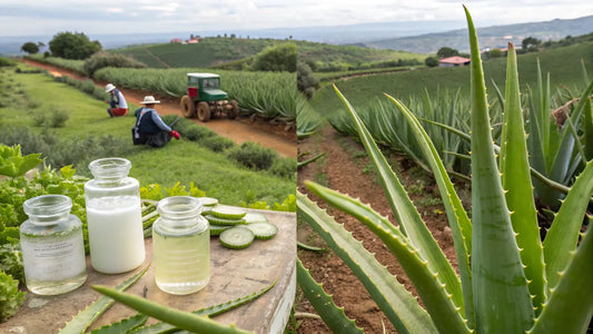 Aloe Vera Bio Skincare Natural Português: Frasco de gel orgânico verde fresco com folhas de aloe vera ao fundo
