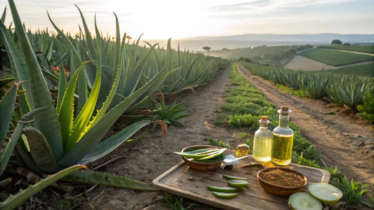Alt text en español:

Gel de Aloe Vera Orgánico Europeo con Planta Fresca de Aloe en Cultivo Sostenible
