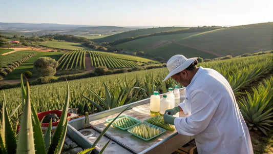 Alt Text: Gel de Aloe Vera Bio Orgânico do Algarve em Frasco Vidro com Planta Aloe Fresca
