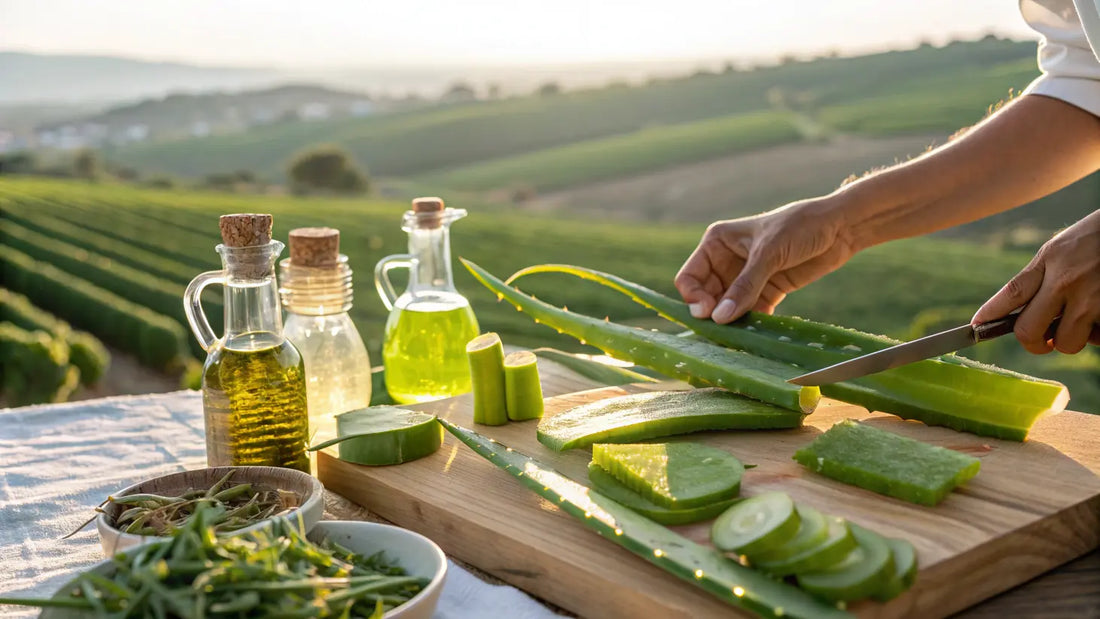 Alt Text (Spanish):

Cultivo orgánico de aloe vera en granja portuguesa para cuidado natural de piel vegana y ecológica
