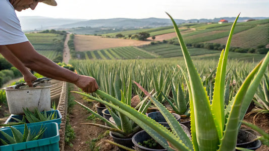 Alt Text en Español para la Imagen:

Productos de Cuidado Facial Orgánico de Aloe Vera Europeo con Plantas Frescas y Cremas Naturales
