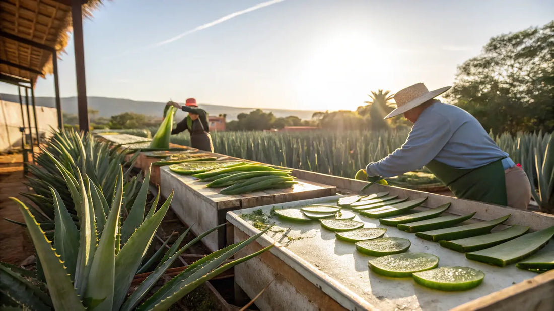 Alt text en français :

Tradition de l'aloe vera bio : soins naturels portugais pour une peau éclatante et hydratée
