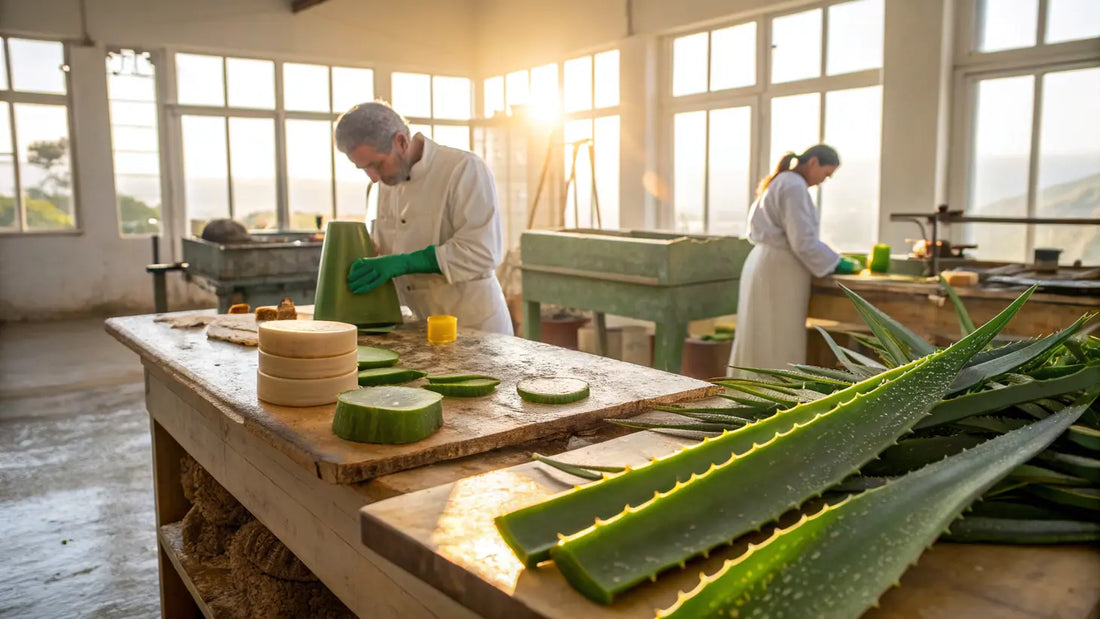 Alt text en français pour l'image :

Aloe vera bio de l'Algarve, cosmétiques véganes européens naturels en plein champ
