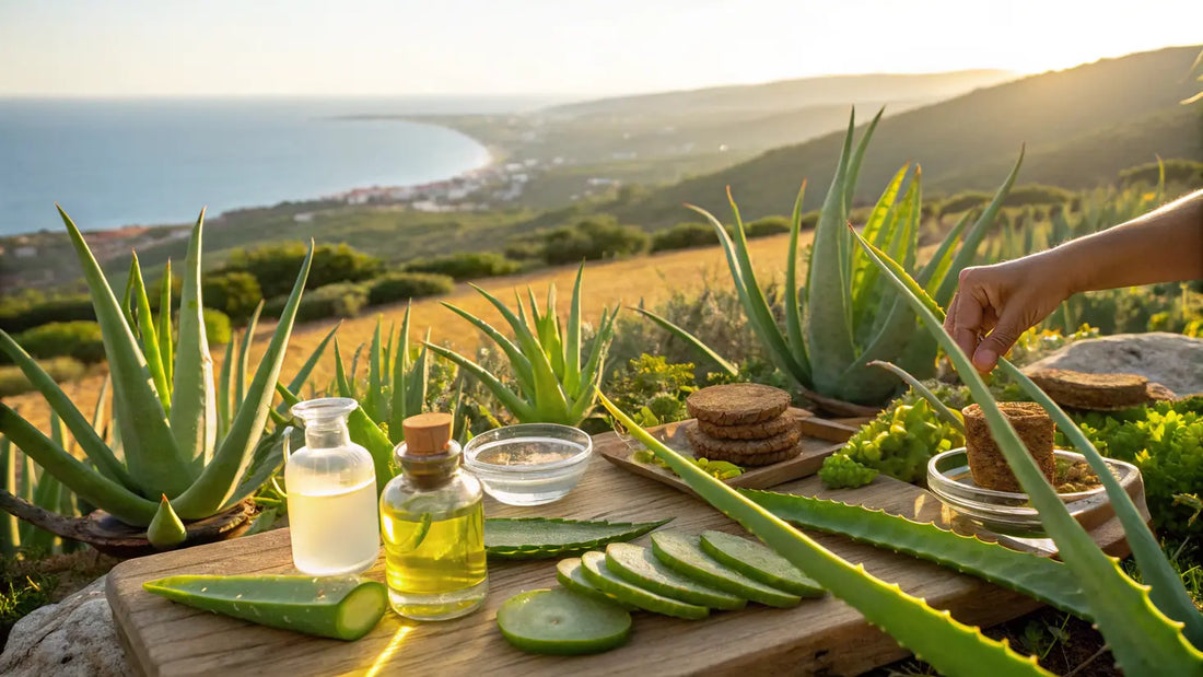 Here's the alt text for the blog image in French, optimized for SEO and following the guidelines:

Champ d'Aloe Vera Biologique en Algarve, Culture Éthique de Soins Naturels Vegan Européens
