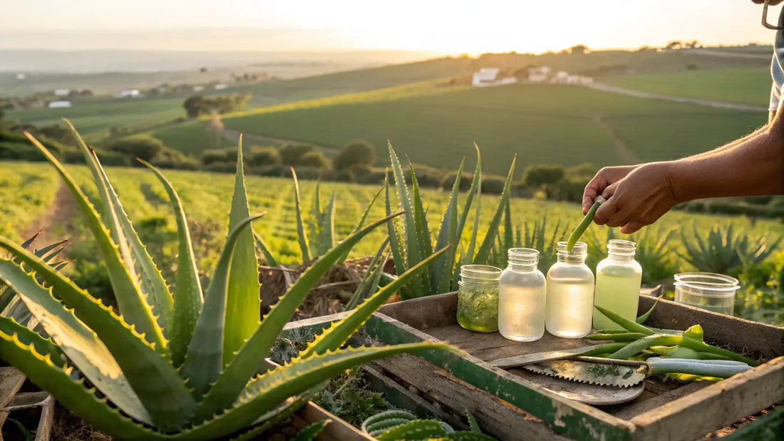 Alt text en español:

Línea de productos de aloe vera orgánico europeo para cuidado facial natural, hidratante y vegano

