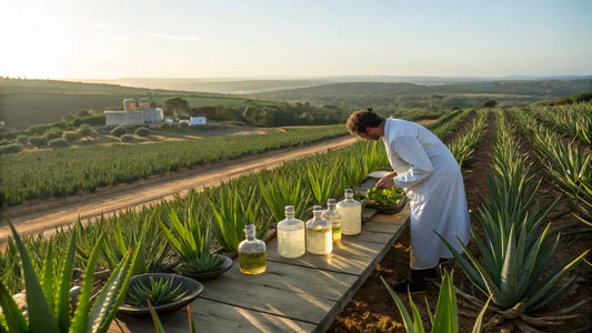 Alt text en español:

Línea de productos de aloe vera orgánico del Algarve portugués, presentando cosmética natural de lujo con innovación científica
