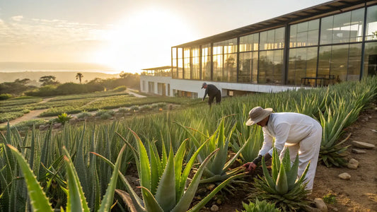 Alt text en español:

Belleza consciente con aloe vera orgánico: Cultivo sostenible de skincare natural europeo en campos verdes
