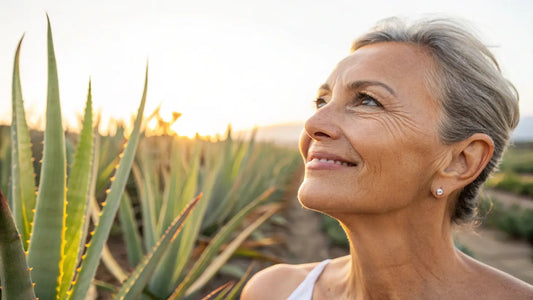 Here's the alt text for the image:

Natürliche Augenpflege Ü40: Jojobaöl und Hyaluronsäure für glatte, strahlende Haut von Aloegarve
