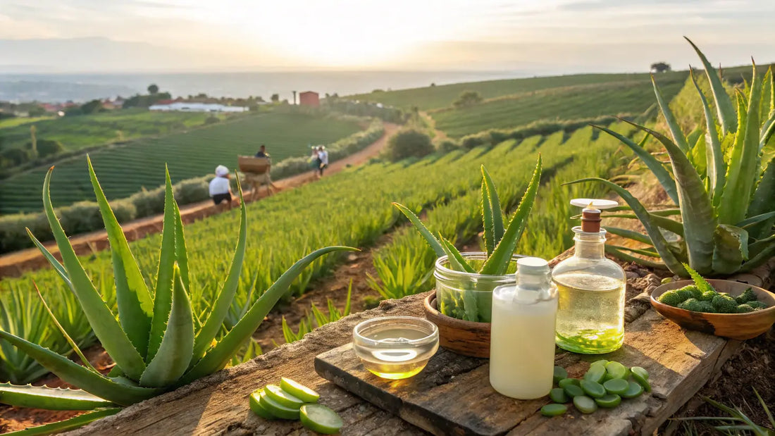 Alt text en français pour l'image:

Gros plan sur des feuilles d'aloe vera bio fraîches de l'Algarve, symbole de soins naturels et véganes pour la peau
