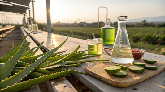 European Organic Aloe Vera Skincare Bottle with Fresh Green Leaves on Natural Background
