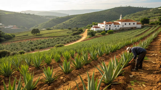 Alt texto: Campos de Aloe Vera ecológico en la Costa Dorada del Algarve, cosméticos orgánicos y veganos europeos
