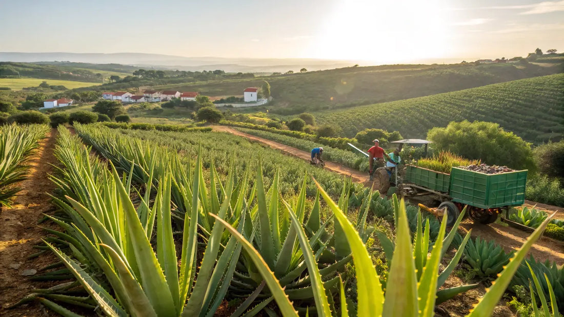 Alt text en français pour l'image:

Aloe vera biologique de l'Algarve, plantes vertes luxuriantes dans un champ portugais ensoleillé, soins naturels écologiques
