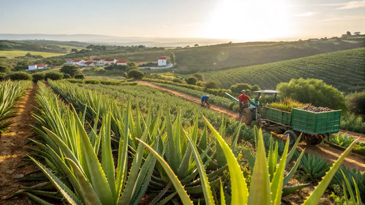Alt text en français pour l'image:

Aloe vera biologique de l'Algarve, plantes vertes luxuriantes dans un champ portugais ensoleillé, soins naturels écologiques
