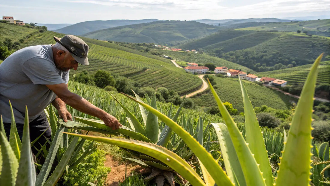 Alt text en español:

Cosmética orgánica de aloe vera europea, crema natural vegana con planta de aloe fresca cultivada en Portugal
