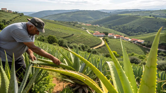 Alt text en español:

Cosmética orgánica de aloe vera europea, crema natural vegana con planta de aloe fresca cultivada en Portugal
