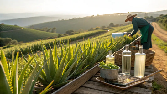 Based on the guidelines and content, here's the alt text in Spanish:

Frasco de gel de aloe vera orgánico de Aloegarve, cosmética natural portuguesa con planta de aloe en primer plano
