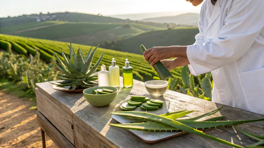 Frasco de Aloe Vera Bio Orgânico Português Aloegarve com Plantas Frescas de Aloe em Ambiente Natural
