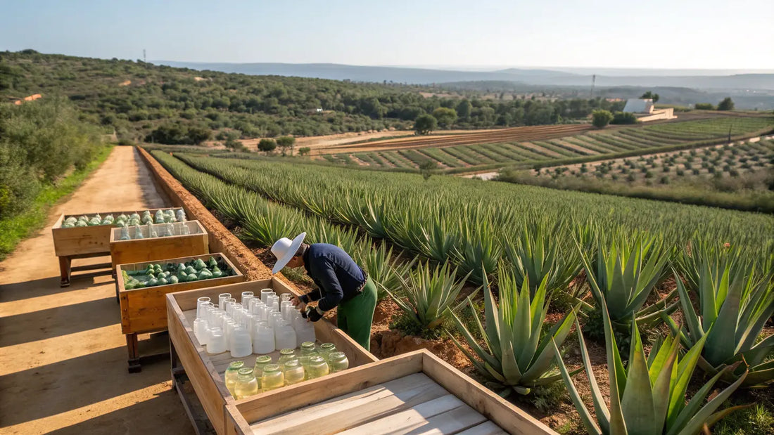 Alt text en español:

Gel de aloe vera orgánico europeo con hojas verdes frescas, producto natural de cuidado de la piel vegano

