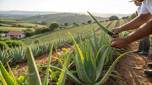 Alt text en español para la imagen:

Crema orgánica de aloe vera portuguesa, envase blanco sobre fondo natural con hojas verdes frescas
