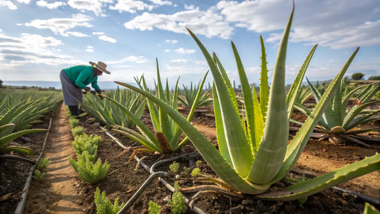 Based on the guidelines and the content, here's an optimized alt text in Spanish:

Cosmética natural de aloe vera orgánico europeo, frasco con gel hidratante sobre fondo verde claro
