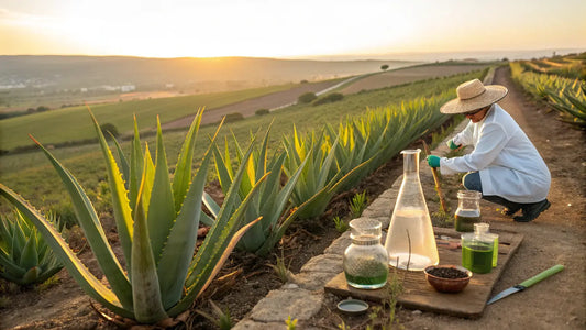 Alt text em português europeu:

Aloe vera orgânica do Algarve em campos dourados, skincare natural vegan português premium
