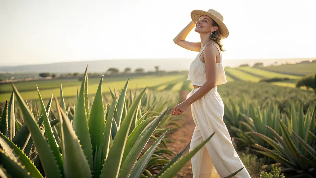 Mulher sorridente aos 40+ com pele radiante, aplicando sérum orgânico de aloe vera natural feito no Algarve, Portugal

