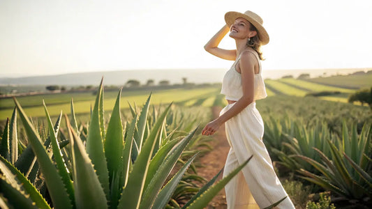Mulher sorridente aos 40+ com pele radiante, aplicando sérum orgânico de aloe vera natural feito no Algarve, Portugal

