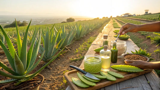 Aloe Vera Bio Orgânico do Algarve: Frasco de loção natural vegan com planta de aloe vera em fundo verde suave
