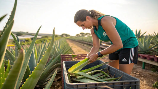 Based on the guidelines and the content, here's the alt text in French:

Soins de Peau Bio Aloegarve pour Athlètes: Gel Naturel d'Aloe Vera Vegan Portugais
