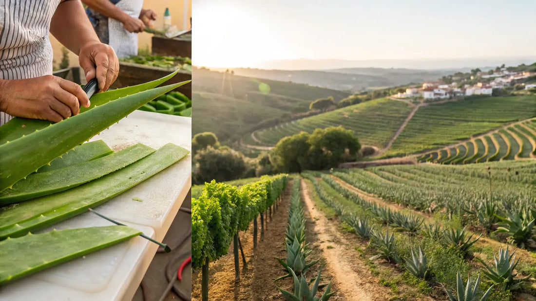 Cosméticos naturais portugueses de aloe vera orgânico, colheita sustentável no Algarve para pele sensível e cuidados naturais
