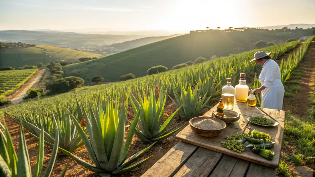 Alt text en español:

Cultivo orgánico de aloe vera europeo para cuidado natural de la piel, cosmética vegana premium
