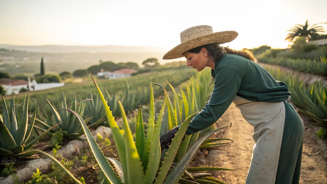 Natürliche Aloe Vera Gel Anwendung für strahlende, hydratisierte Hautpflege von Bio-Plantagen in Portugal
